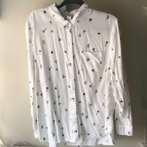 White button up shirt with plant pattern